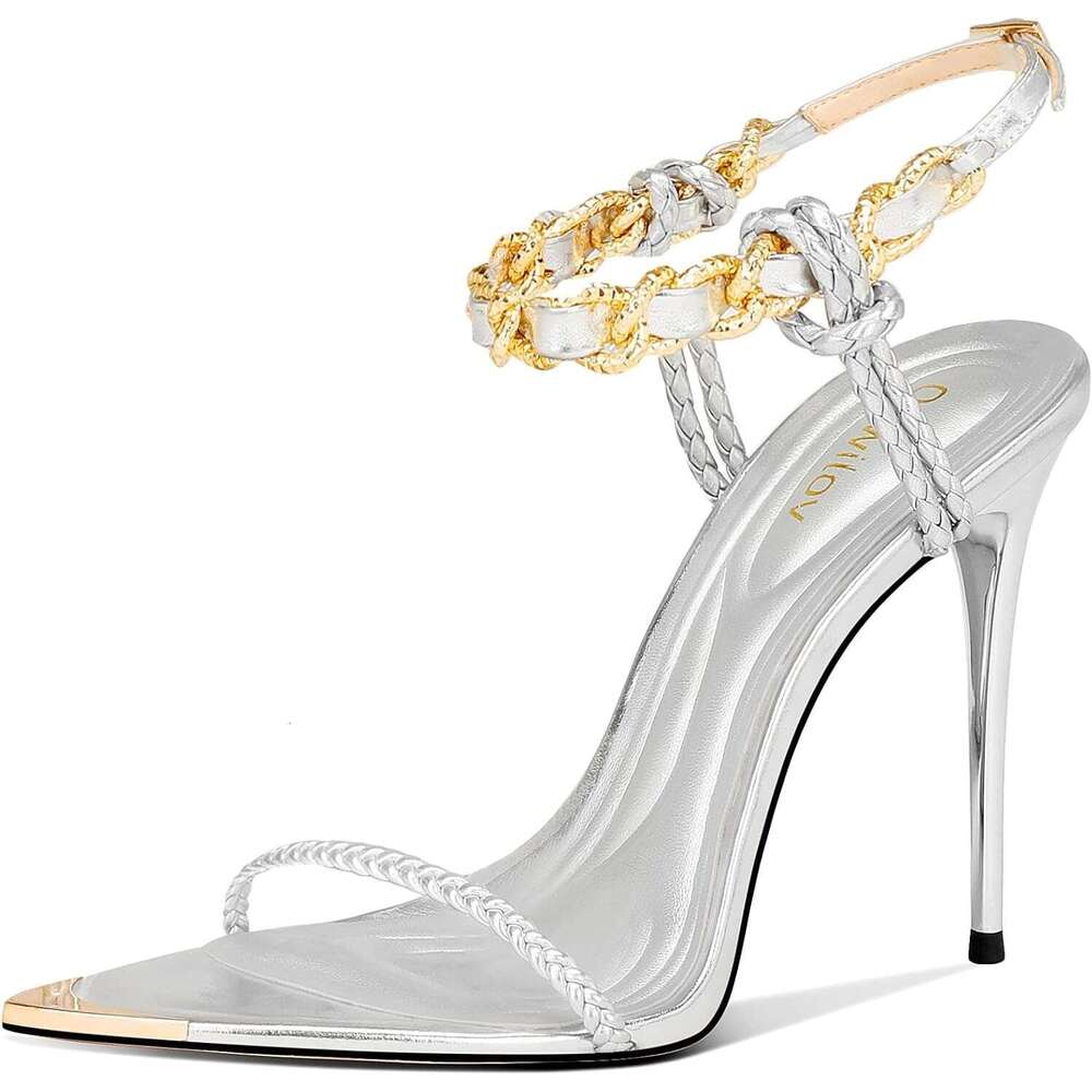 Gold Strappy Stiletto Heels Women Metallic Ankle Strap Open Toe High Heel Sandals Elegant Dress Shoes For Wedding Party Prom And Evening Events MOJIDA