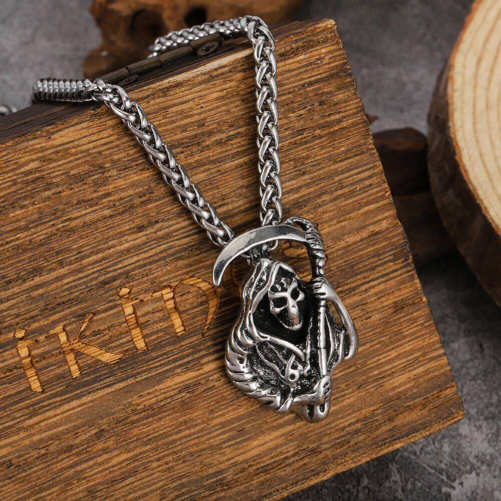 New Vintage Skull Grim Reaper Scythe Pendant Fashion Punk Style Hip-Hop Versatile Men's Necklace H260312