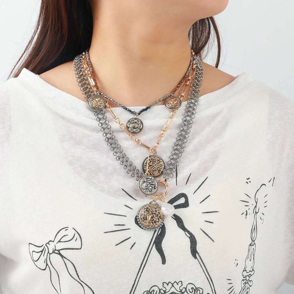 Autumn Collection Multi-Layer Exaggerated Large Brand Coin Tree Floral Necklace Three-Piece Women Fashion Jewelry Set H260312