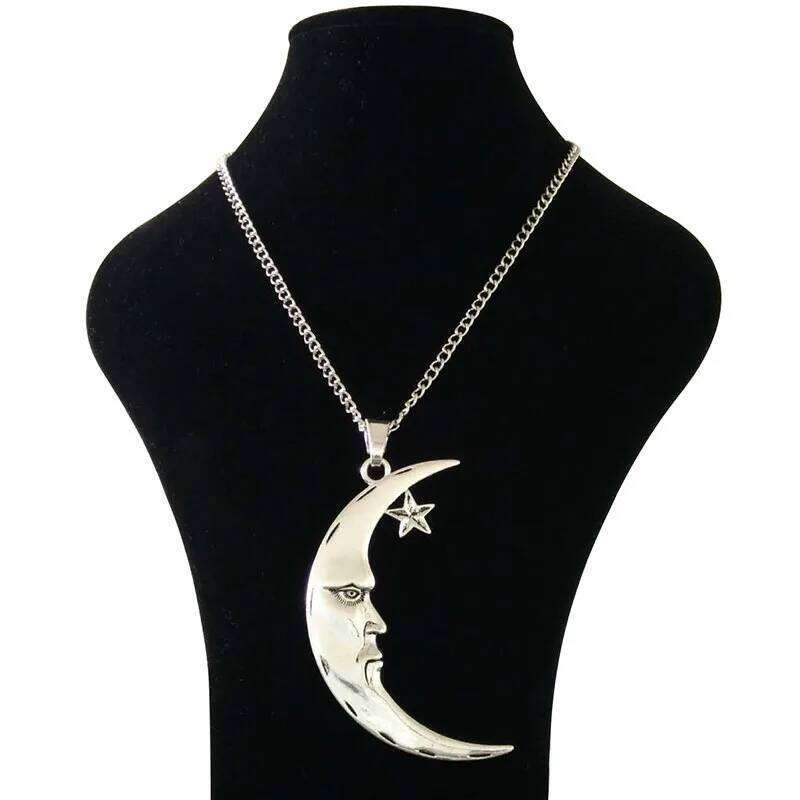 1 x Tibetan Silver Metal Large Statement Abstract Crescent Moon And Star Pendant Necklaces On Long Link Chain Lagenlook 34 H260312