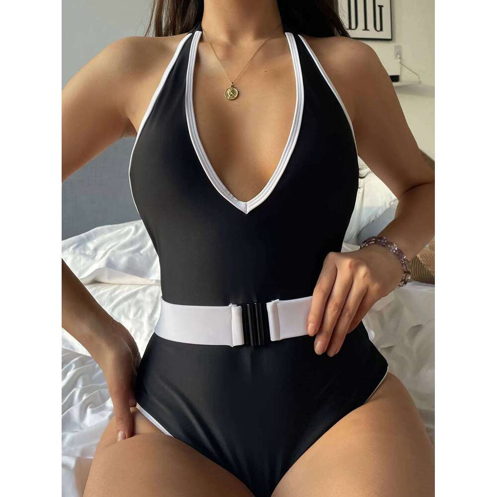 Sexy V Neck Halter One Piece Swimsuit for Women New Black with White Belt Monokini Swimwear 2023 Push Up Backless Bathing Suit Y260303