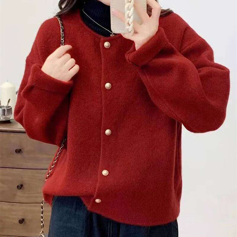 Solid Color Simple O-Neck Knitted Jackets Women Korean All-Match Long Sleeves Cardigans Autumn Winter Single-Breasted Sweater Z260314