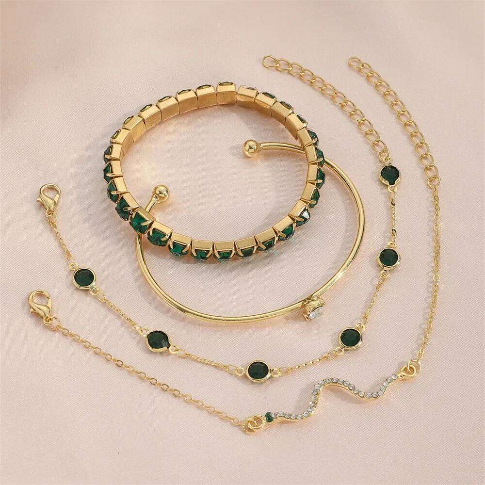 4Pcs/Set Fashion Snake Green Gemstone Bangle Rhinestone Full Metal Bracelet For Women Birthday Party Christmas Gift Jewerly Z260313