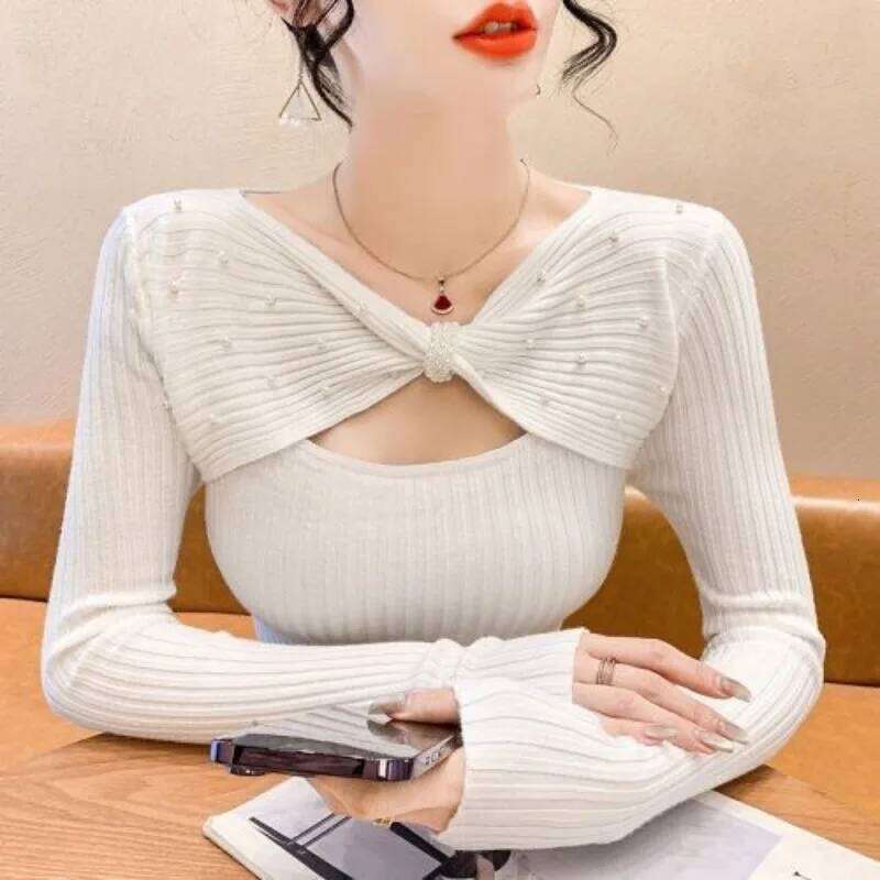 Temperament Versatile Commuter Bead Bow Sweater Pullover Slim Fit Women's 2024 New Autumn Trendy Long Sleeve Chic Top Z260313