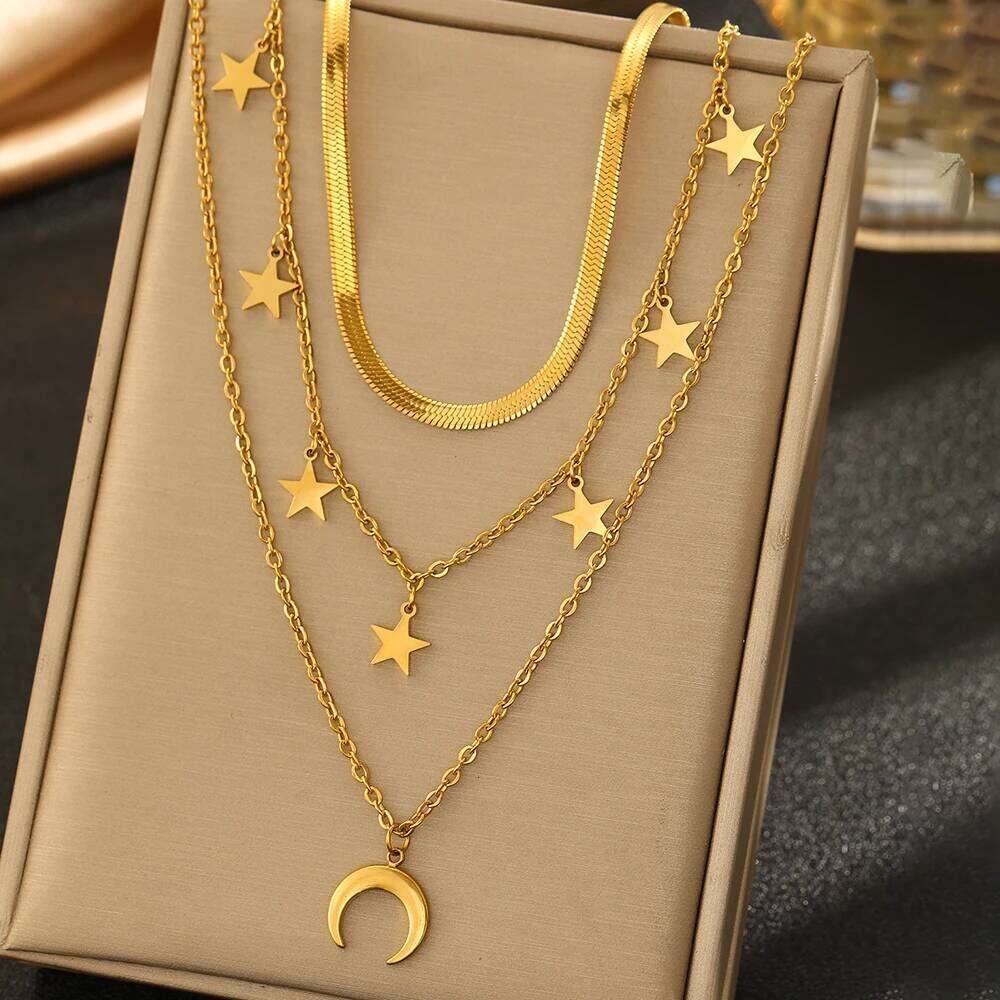 DOTIFI Stainless Steel Star And Moon Pendant Flat Snake Multi-Layer Layered Necklace Fashionable Unique Collarbone Chain H260312