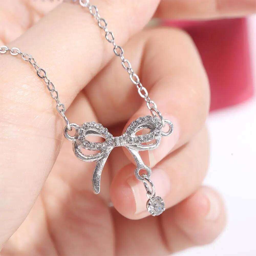 Clavicle Chain Silver Bowknot Heart Jewelry Accessories Bow Necklace Pendant Alloy Rhinestone H260312