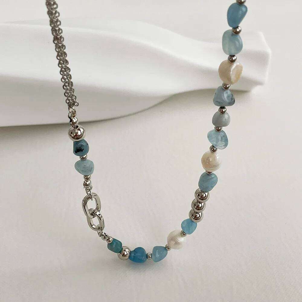 kshmir Natural stone blue crystal necklace baroque natural freshwater pearl niche design feeling fresh clavicle chain women H260312