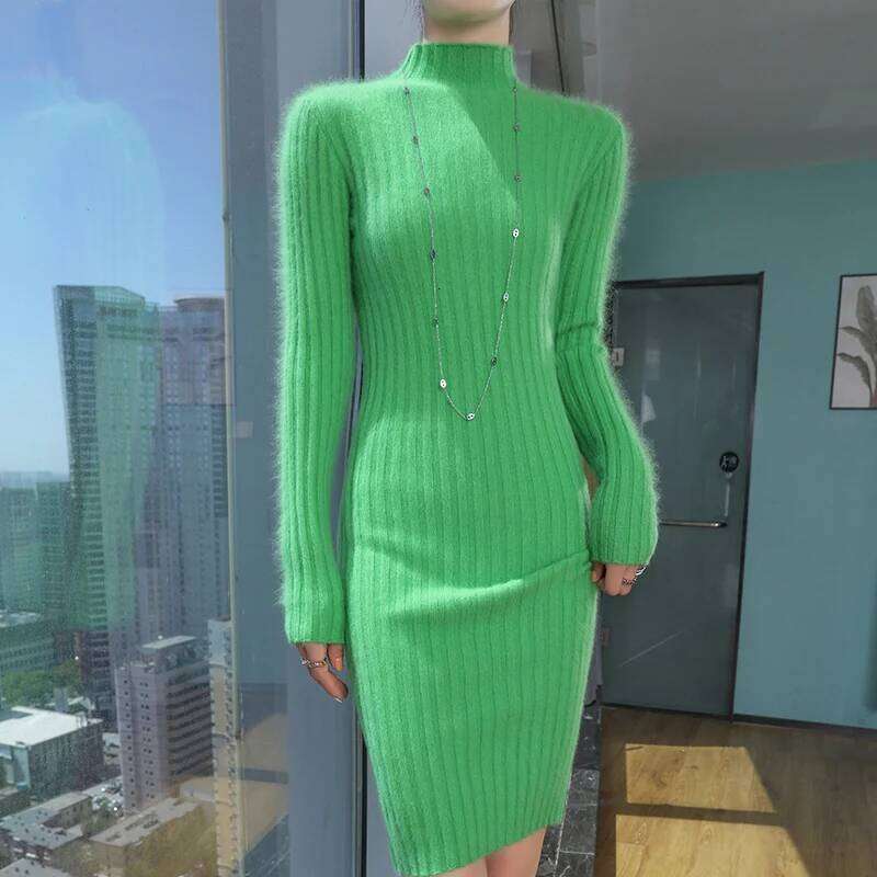 Autumn winter mink fur sweater, women's semi high neck slim fit dress, mid length pullover, Korean version knitted base sweater Z260314