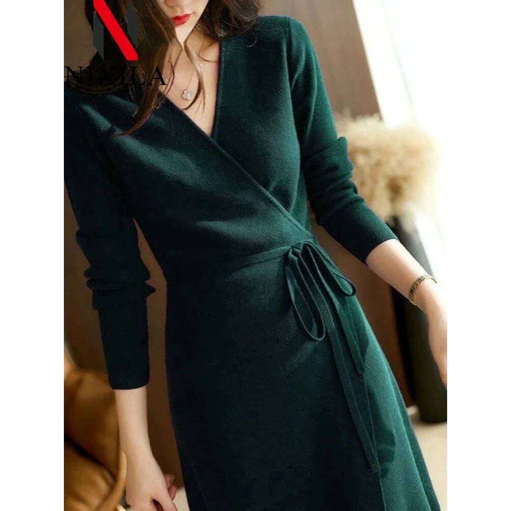 Autumn Winter Knit Womens Sweater Dresses V-neck Wrap Streetwear Korean Fashion Loose Long Sleeves Tops Elegant Female Clothing Z260313