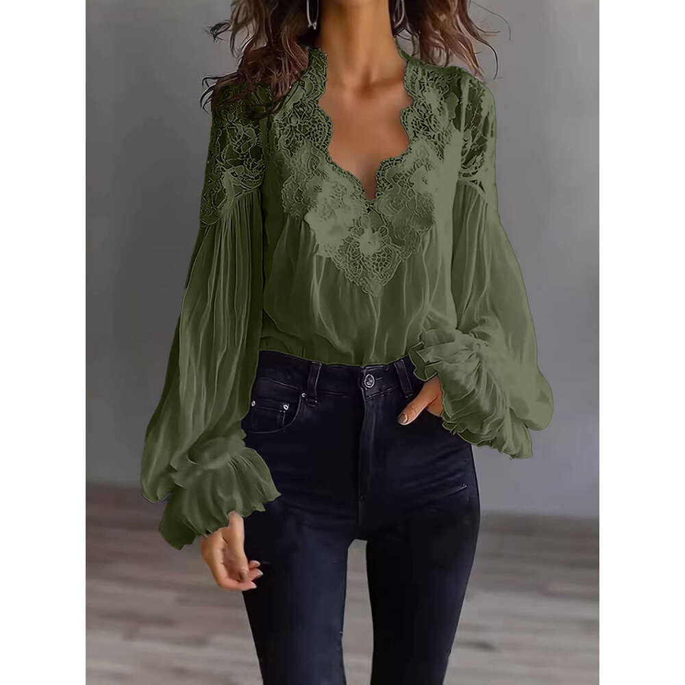 Women's Blouse Solid Color Elegant Sexy V-neck Lace Splicing Lantern Sleeve Solid Blouse Office Commuter Chic Shirt For Female shirt thin women