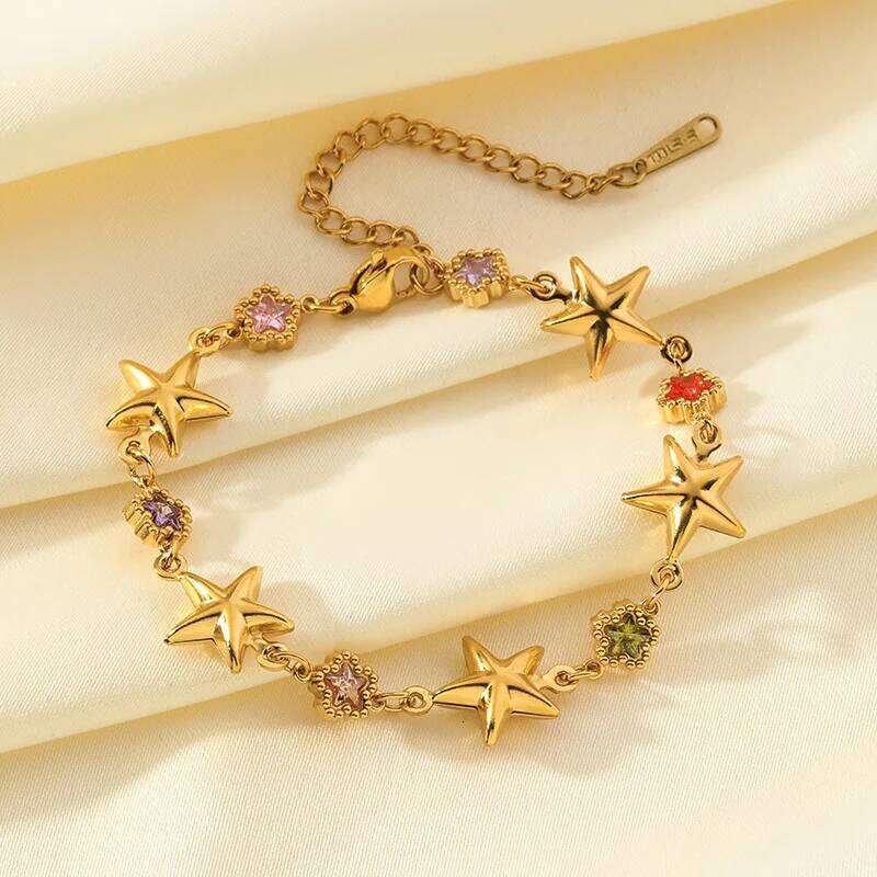 EILIECK 316L Stainless Steel Colorful Star Zircon Charm Bracelet Gold Color Jewelry Trendy Metal Texture Accessories for Women Z260313
