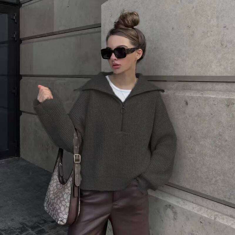 Casual Knitted Zipper Lapel Collar Long Sleeve Solid Color Pullover For Autumn Winter Women's Fashion and Versatile Sweater Z260313
