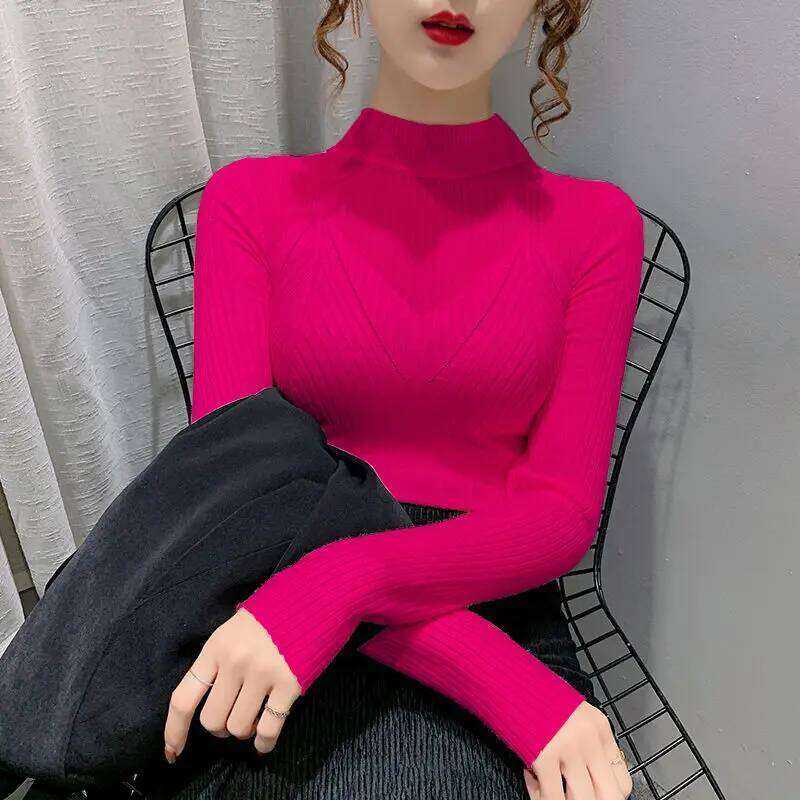 Women's Half Turtleneck Sweater Korean Style Carved Lace Mesh Hollow Inner Knitted Base Shirt Top Z260313