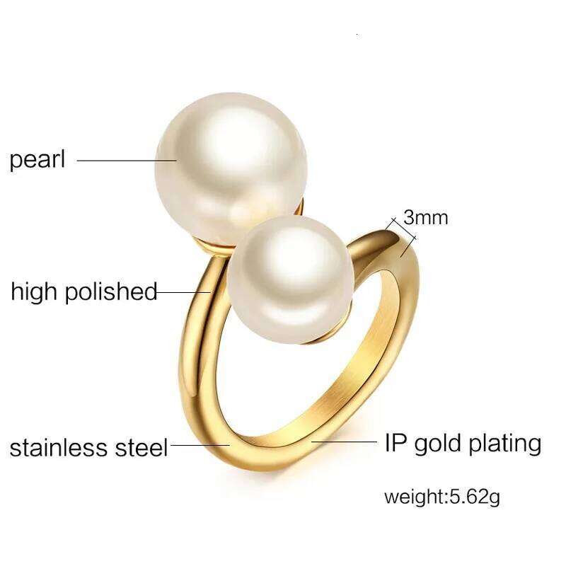 Meaeguet Fashion Gold-Color Simulated Pearl Rings For Woman Accent Bypass Open Stainless Steel Party Jewelry H260312