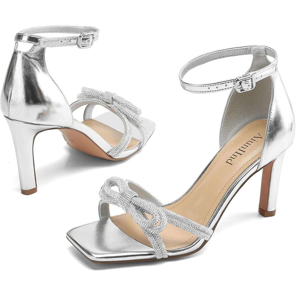 Women S Double Bowknots Heels Square Open Toe Ankle Strap Rhinestone Dress Shoes For Party Wedding MOJIDASHU
