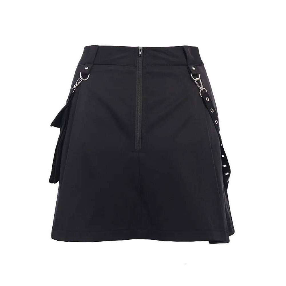 Women Gothic Punk Mini High Waist Half Skirts with Belt Pocket Korean Fashion Pleated Skirt Z260314