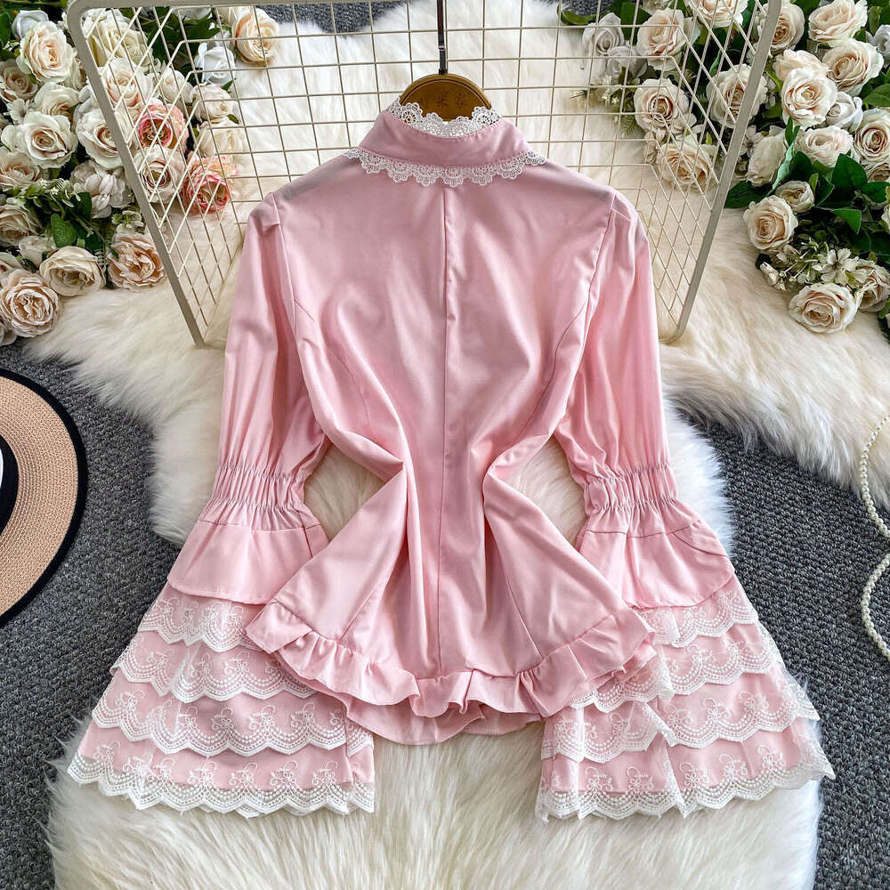 French court retro high-end lace patchwork stand up collar women's shirt with sweet and youthful bow and bell shaped sleeves