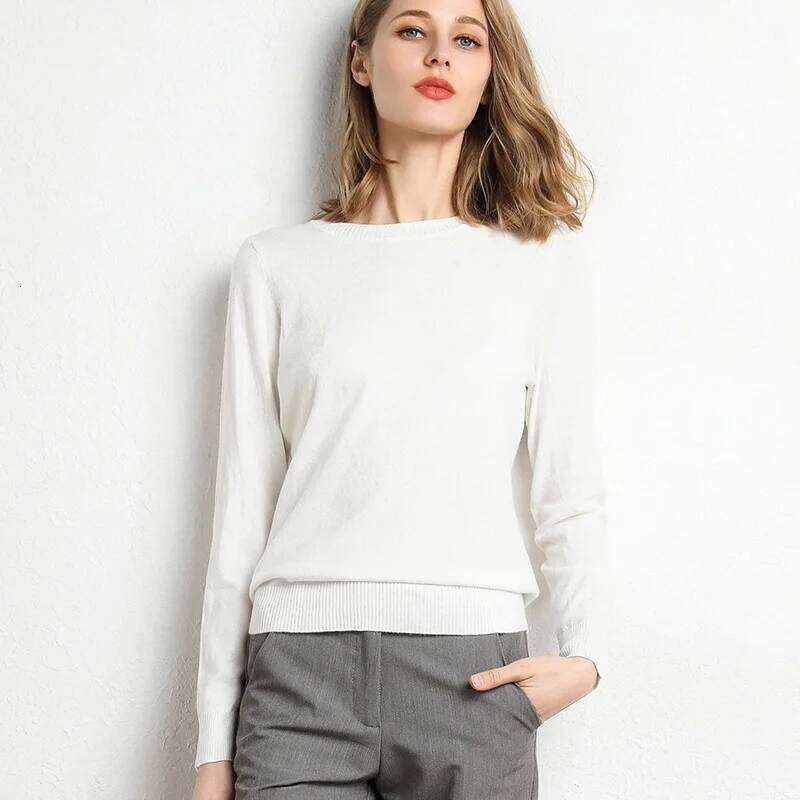 Women Slim O-Neck Pullover Cashmere Wool Blending Sweater Autumn And Winter Long-Sleeved Knit Bottoming Shirt Large Size 2024 Z260313