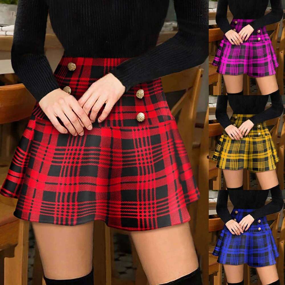 Women Pleated Button-decorated Plaid Print Lady Versatile Style Double-breasted High Waist Female Mini Skirt Z260314