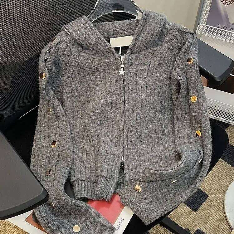 New 2025 Autumn Zipper Hooded Short Women Knitting Cardigan Retro Casual Korean Fashion Ladies Sweater Z260313