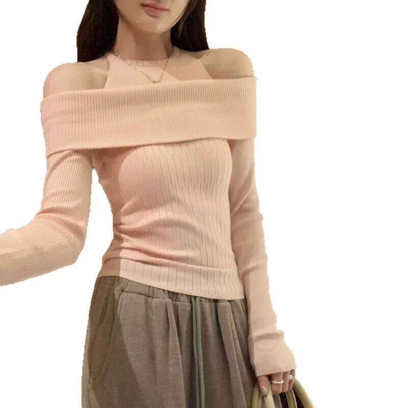 Unique Design Fake Two Piece Off Shoulder Long Sleeve Knitwear Womens Spring Autumn New Arrival Stand Alone Top Z260313