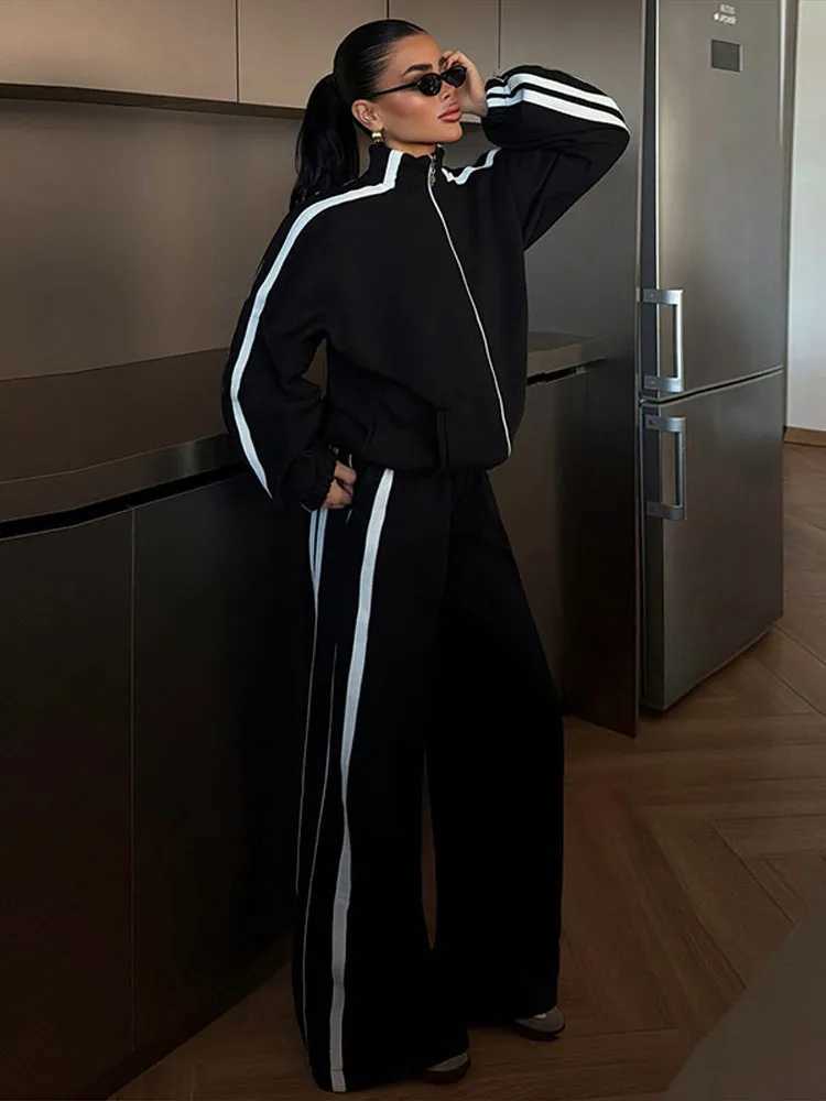 Chic Contrasted Color Women Hoodie Pant Suits Full Sleeve Zippers Wide Leg Pants Lady Set 2026 Spring 2 Pieces Set Women M260313