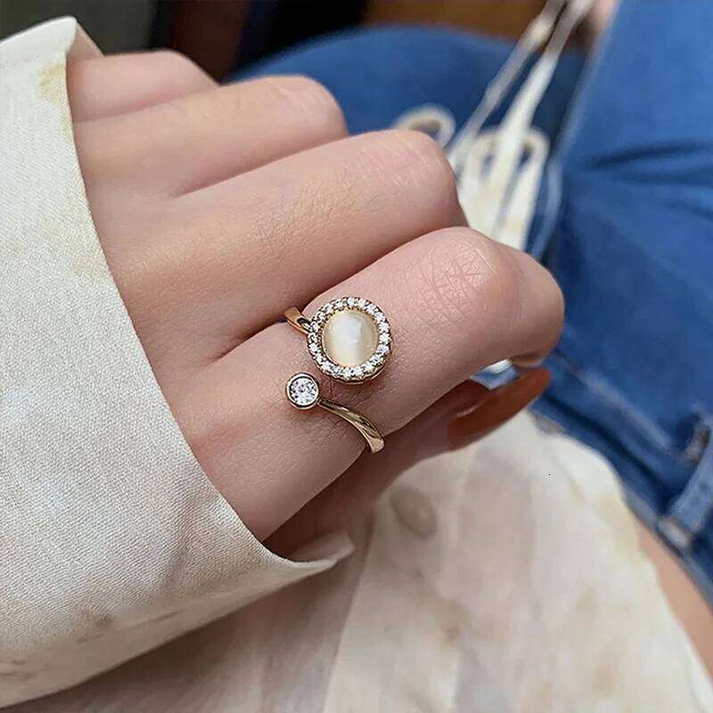 Korea Opal Rotating Anxiety Rings For Women Gold Color Zircon Wedding Ring Adjustable Girls Anti Stress Fidget Jewelry Gift H260312