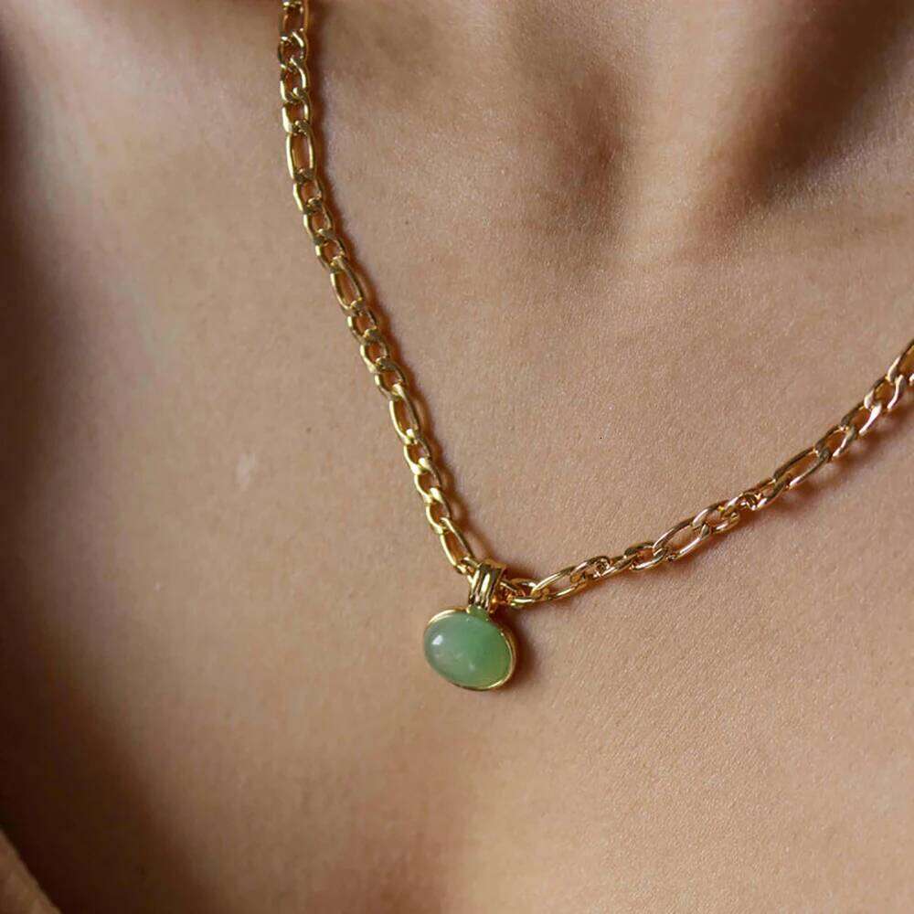 18k natural stone tiger eye plated, mint green, oval anti allergy, stainless steel necklace, women's jewelry gift H260312