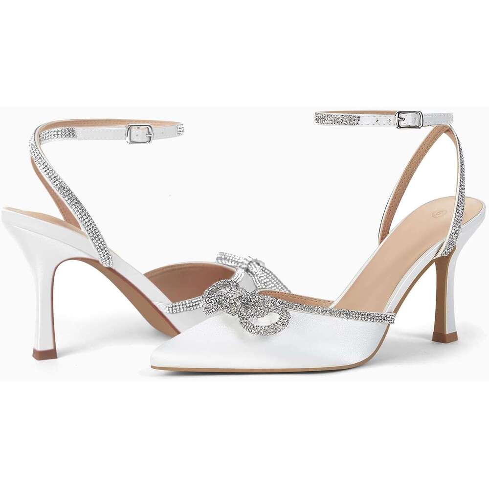 Women S Double Bow Pointed Toe Ankle Strap Crystal Pumps Wedding Bridal Party Stilettos Backless Satin Heeled Sandals MOJIDASHU