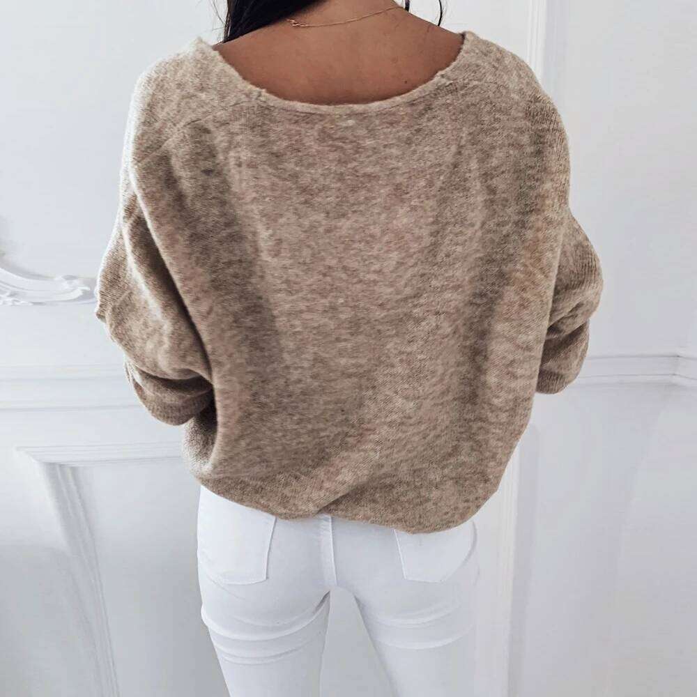 Women Elegant V Neck Pullover Vintage Long Sleeve Loose Knitted Sweater Casual Solid Wild Jumpers 2020 Knitting Tops Z260313