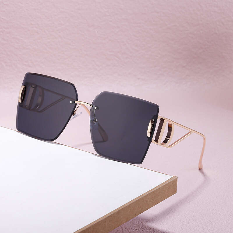 New European And American Fashion Diamond Cut Edge Rimless For Women Trendy Hollow Temple Large Frame Sunglasses Women's Glasses