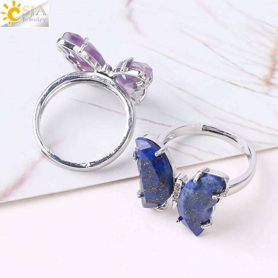 Gold Color Crystal Ring Natural Gemstone Butterfly Rings for Women Amethysts Lapis Lazui Pink Quartz Adjustable Engagement H125 H260312