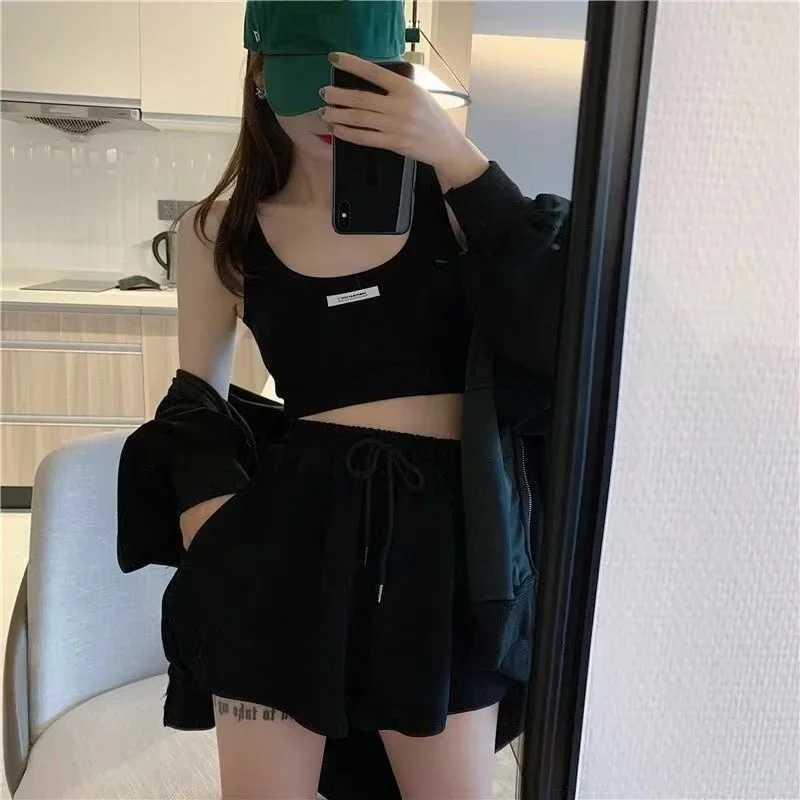 Shorts Three 3 Piece Sets Women Casual Vest Drawstring Short Hooded Zipper Jacket Sportswear Suits Y2k Streetwear Sports Hoodies M260313