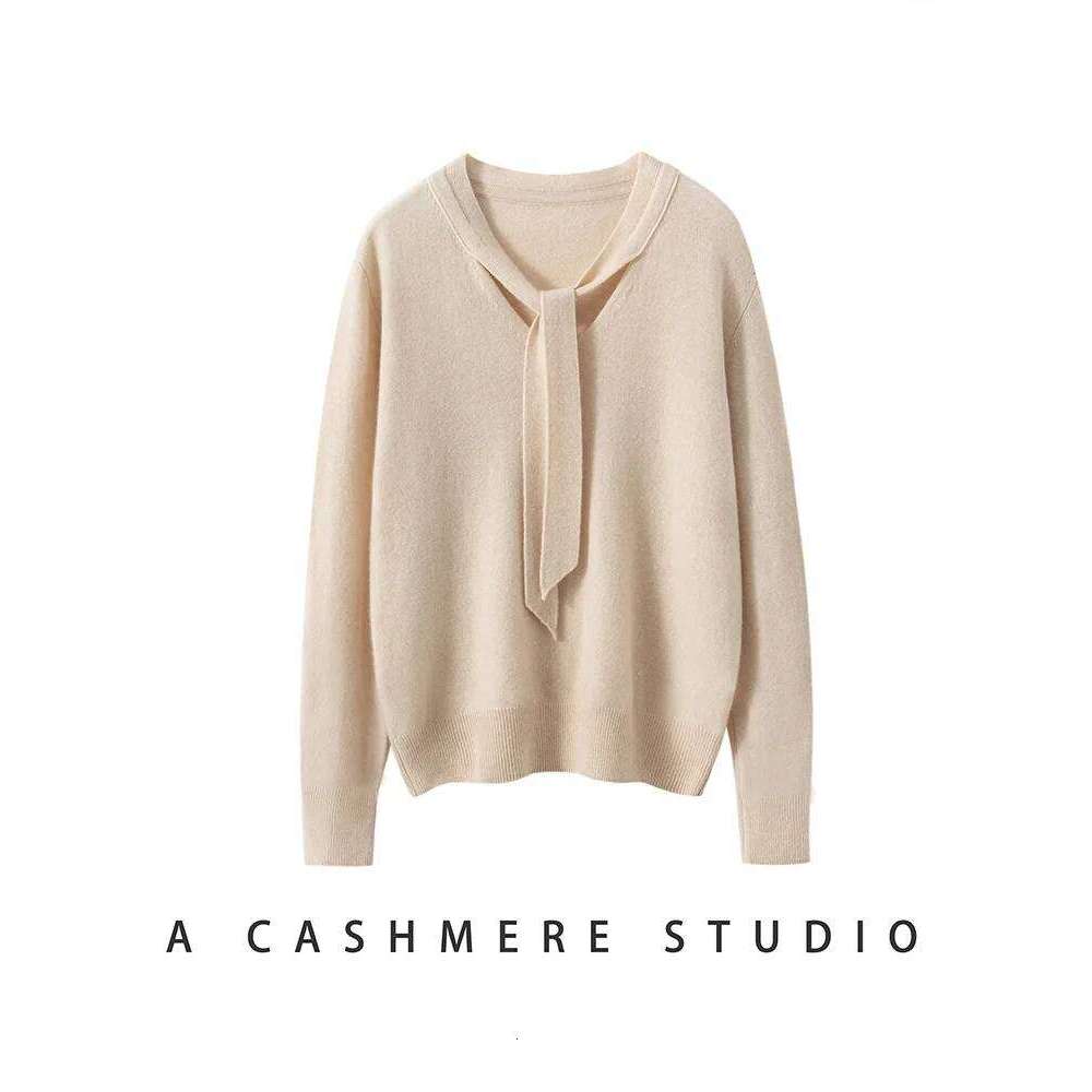 Women 100% Cashmere Sweater Ribbon V-neck Design Pullovers Autumn Winter French Retro Style Soft Knitwear Clothing Tops High-end Z260314