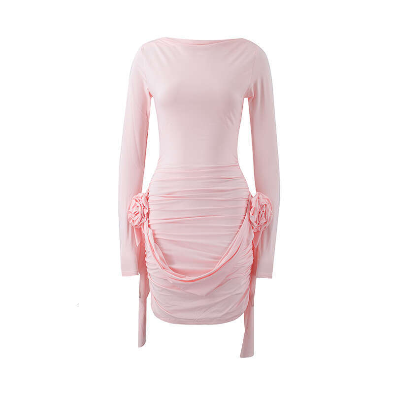 2026 c10 designer European and American autumn/winter sexy hot girl single shoulder slim fit long sleeved 3D floral ribbon short skirt