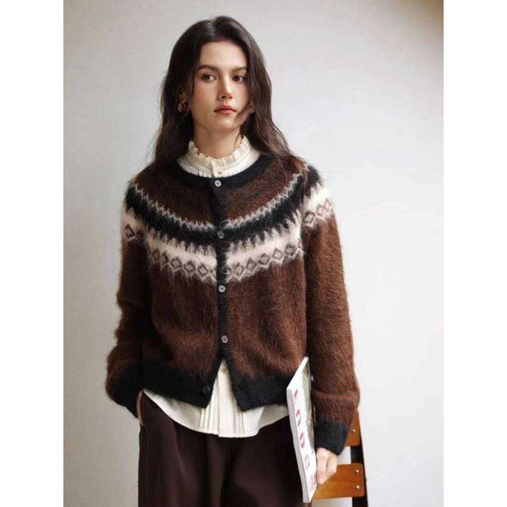Nordic Style Womens Knitted Cardigan Sweater Alpaca Wool Retro Winter Autumn Color Block Jacquard Long Sleeve Casual Top Z260313