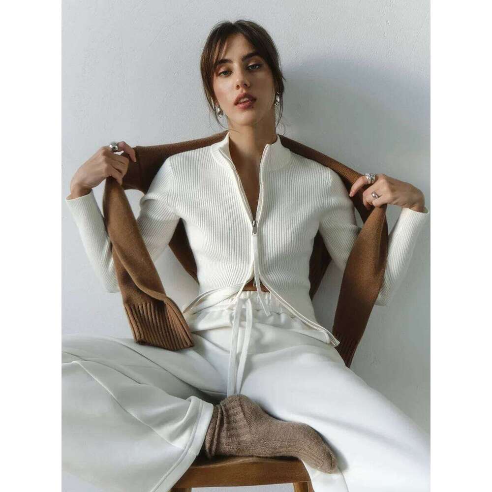 Wolfeel Autumn New Women's Stand Collar High Quality Sweaters Slim Fit Long Sleeve Double Zipper Knit Cardigan Cozy Outerwear Z260313