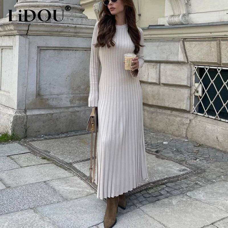 Autumn Winter Round Neck Solid Color Pleated Robe Femme Long Sleeve Knitting Ankle Length Vestidos Women Slim Bottoming Dress Z260313
