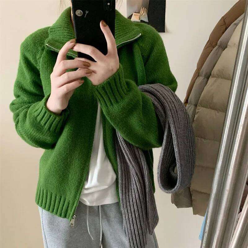 Lazy Style Double Zipper Turtleneck Sweater Female Autumn Winter Thicken Warm Knitted Cardigan Woman Korean Cropped Knitwears Z260314