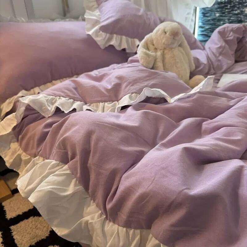 Ins Pink Princess Bedding Set with Ruffles Solid Color Soft Girls Boys Duvet Cover No Filler Pillowcase 3 or 4 pcs Bed Sheet H260312 - view 6