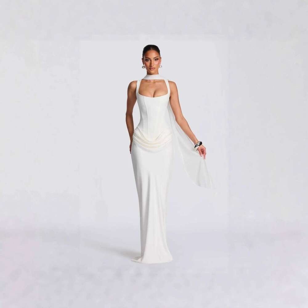 Cross-Border Spring 2026 Women's Slim Fit Fishbone Strap Long Pure Color Bodycon Dress Sexy Style Shoulderless Gown