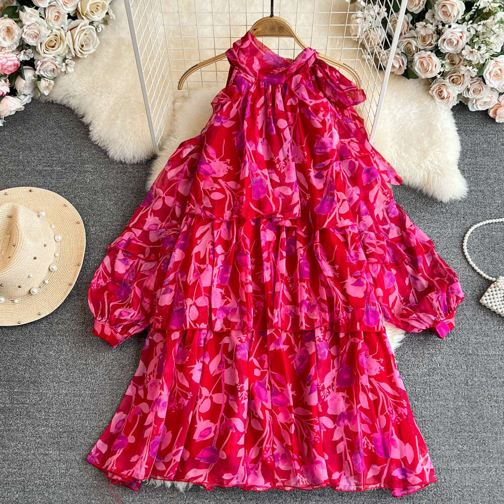 Designer Women's French Tea Break Seaside Vacation c10 Beach Skirt Sweet Backless Collar Off Shoulder Loose A-line Chiffon Dress