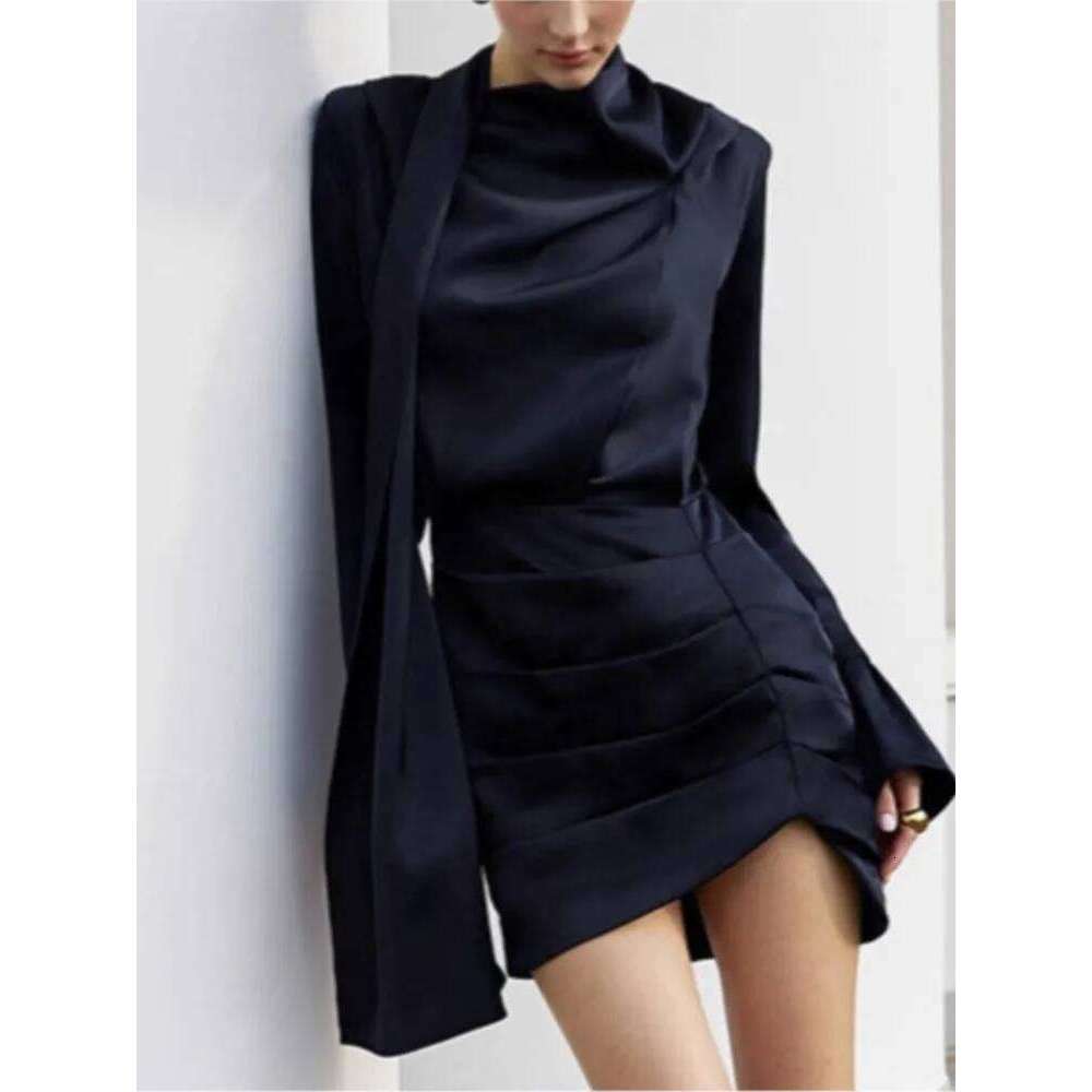 Irregular Navy Blue Long-sleeved For Women New Autumn Winter Short Dress Trumpet Sleeves Slim-fitting Hip Frock Ropa Mujer Z260313