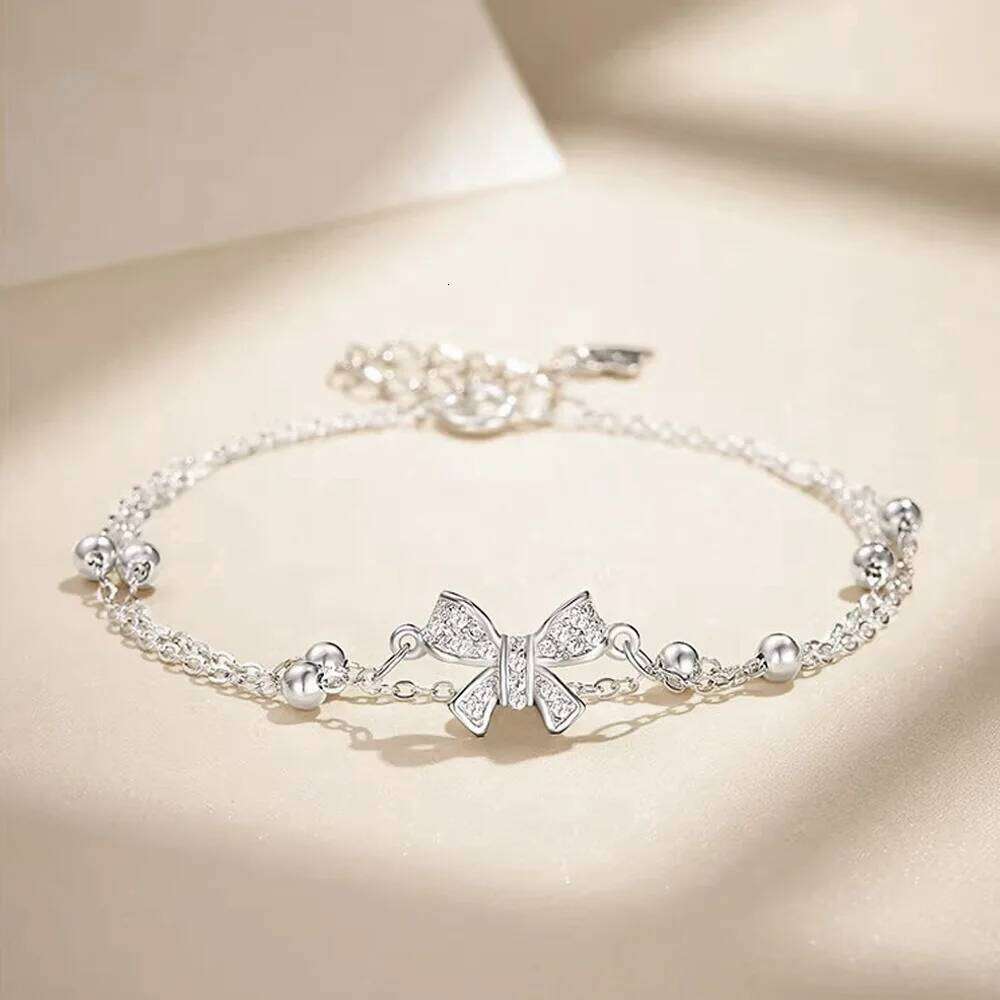 925 Sterling Silver Double Layer Bownot Bracelets For Women Vintage Korean Sparking Zircon Chain Bracelet Party Fine Jewelry Z260313