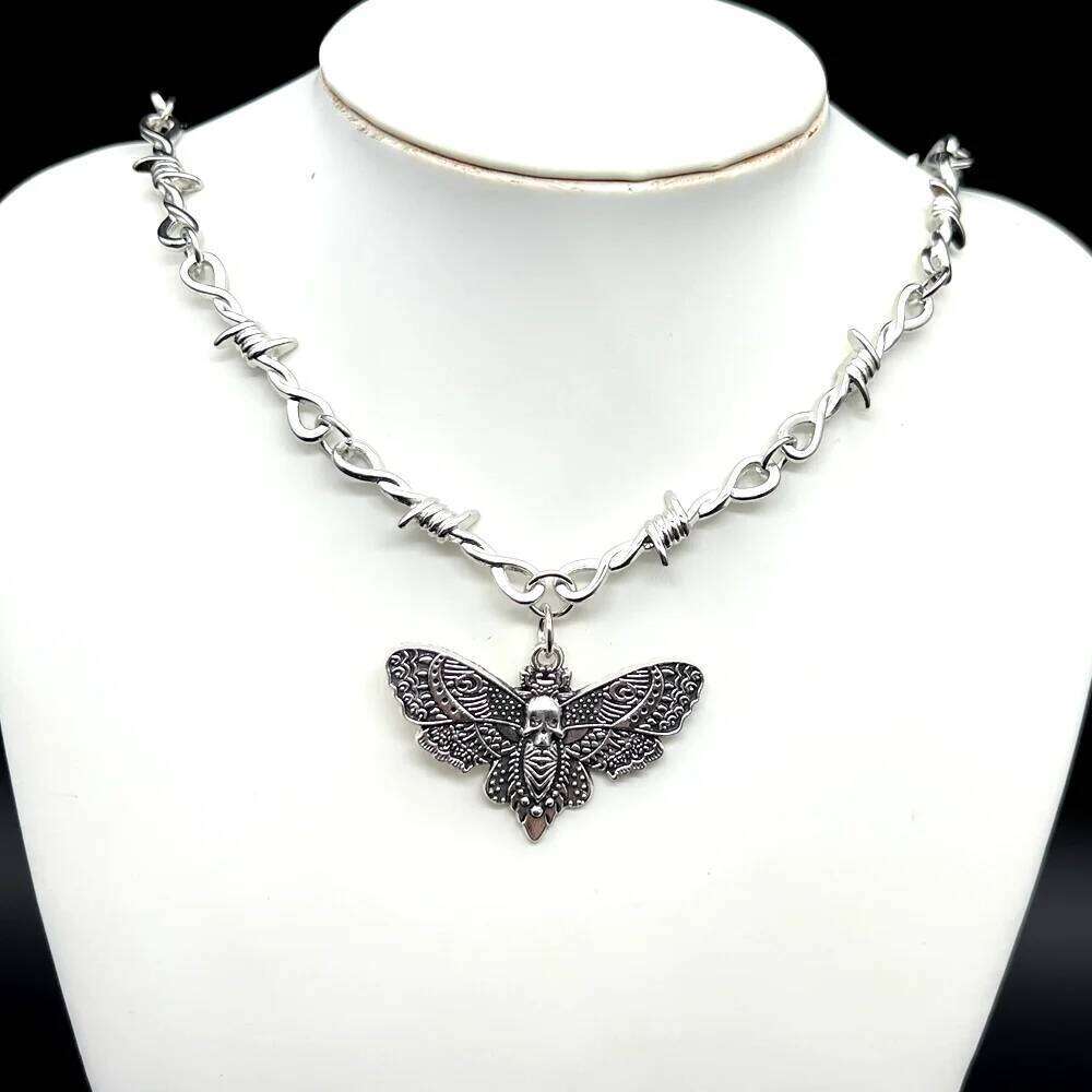 Goth Moth Skull Barbed Wire Cross Pendant Necklace Punk Hip Hop Jewelry Y2K Vampire Little Thorns Chain Choker Gift H260312