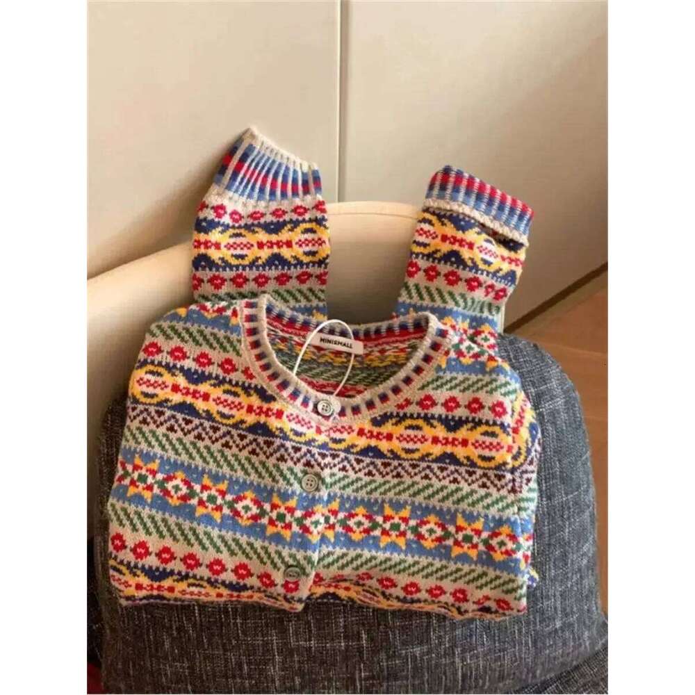 Korean ethnic style colorful floral sweater women's autumn and winter new knitted paired with casual top cardigan Z260313