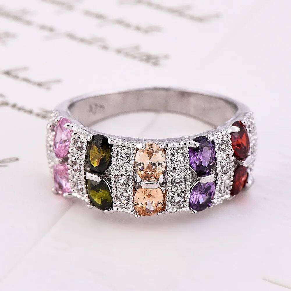 Bohemian Female Rainbow 925 Sterling Silver Filled Promise Engagement Rings for Women Colorful CZ Crystal Wedding Jewelry H260312