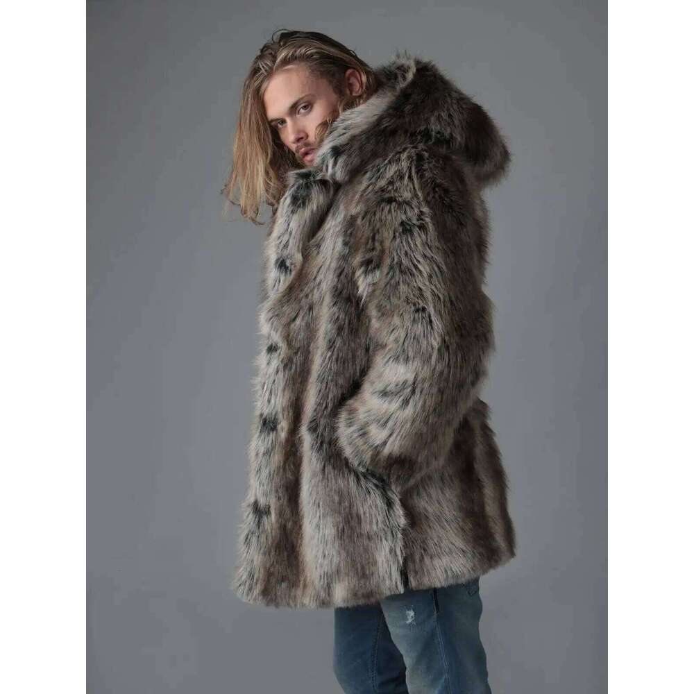 Hot Selling Men's Thick Hooded Personality Winter Mid-Length High Quality Faux Fur Coat Z260313