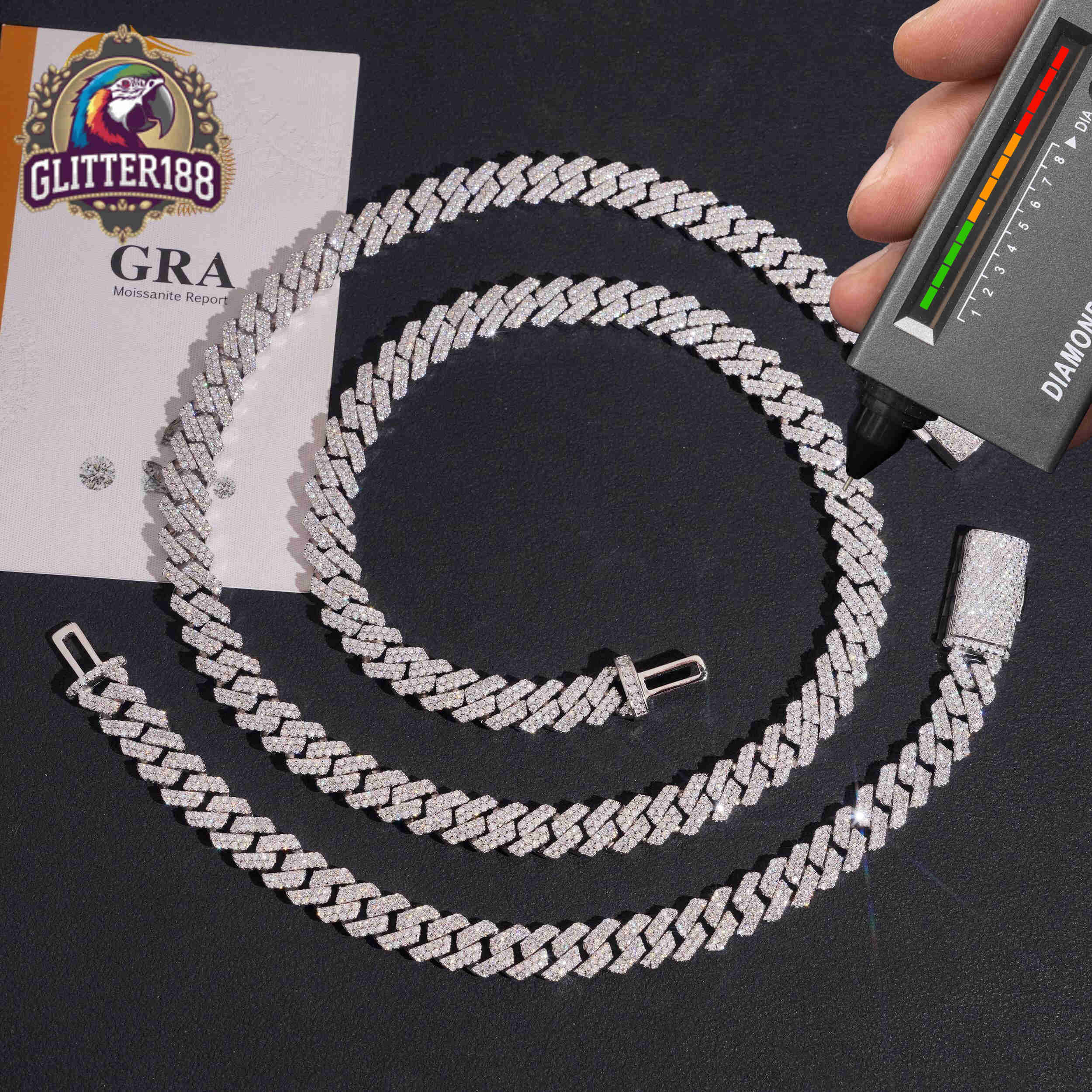 Hot Selling Pass Diamond Tester 8mm Two Rows Pass Diamond Tester Iced Out Hip Hop VVS1 Moissanite Cuban Link Chain Necklace Set