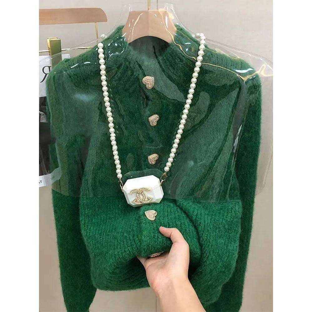 Green Knitted Cardigan Sweaters Autumn Half High Collar Sweet Korean Fashion Winter New Casual Jacket Z260313